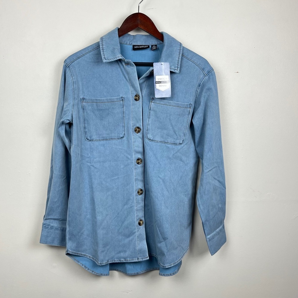 Nina Leonard Women Light Wash Stretch Denim Button Down Shirt Pockets XS